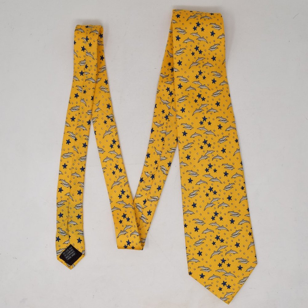 Lancel Paris Necktie Dolphin Starfish Silk Yellow Whimsy Marine Mammal Ocean Fun - Picture 5 of 13